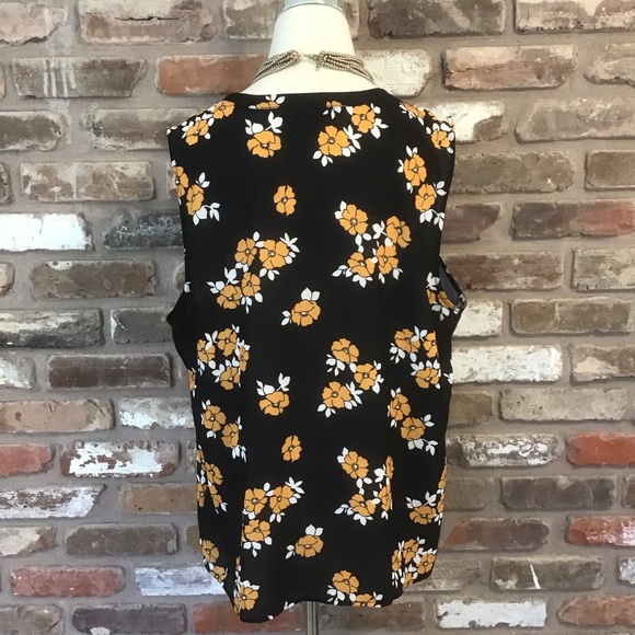 MODCLOTH Black Mustard White Floral Sleeveless Tie Neck Top XL - Picture 3 of 6